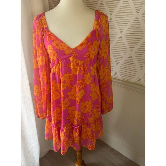 Peach Love Women’s Small Orange and Pink Sheer Floral Mini Dress - Picture 1 of 5